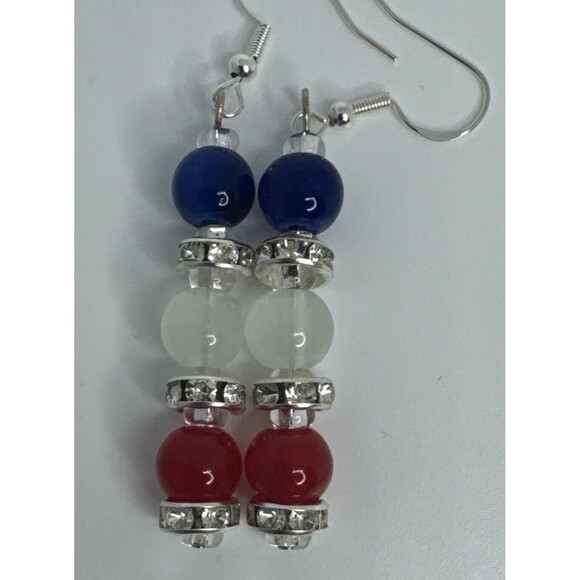 27" Eyeglass Chain Bracelet Earring Set Red White Blue Glass Beads Handmade - Picture 6 of 12